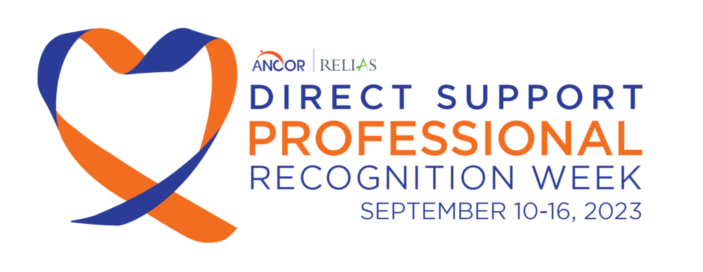 DSP Recognition Week Logo from ANCHOR. Shows a yellow & blue ribbon with the text Direct Support Professionals Recognition Week September 10th - 16th, 2023